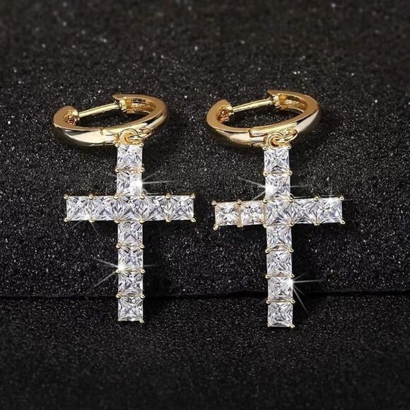 Gold Asscher Cut Cross Earrings - Picture 1 of 4